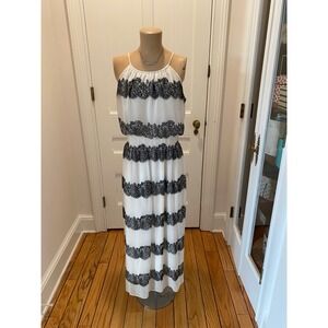 Focus Studio White Black Lace Trim Maxi Dress Halter Neck Smocked Waist Size 6